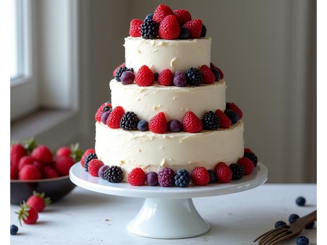 Elegant four-tier celebration cake adorned with fresh berries and delicate frosting
