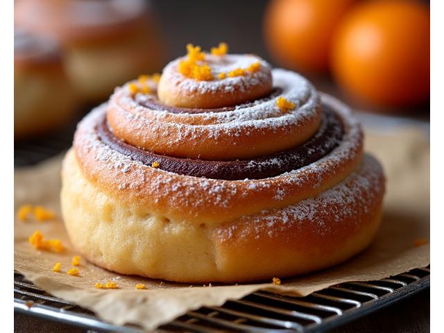 Glistening cinnamon swirl bun dusted with powdered sugar and orange zest